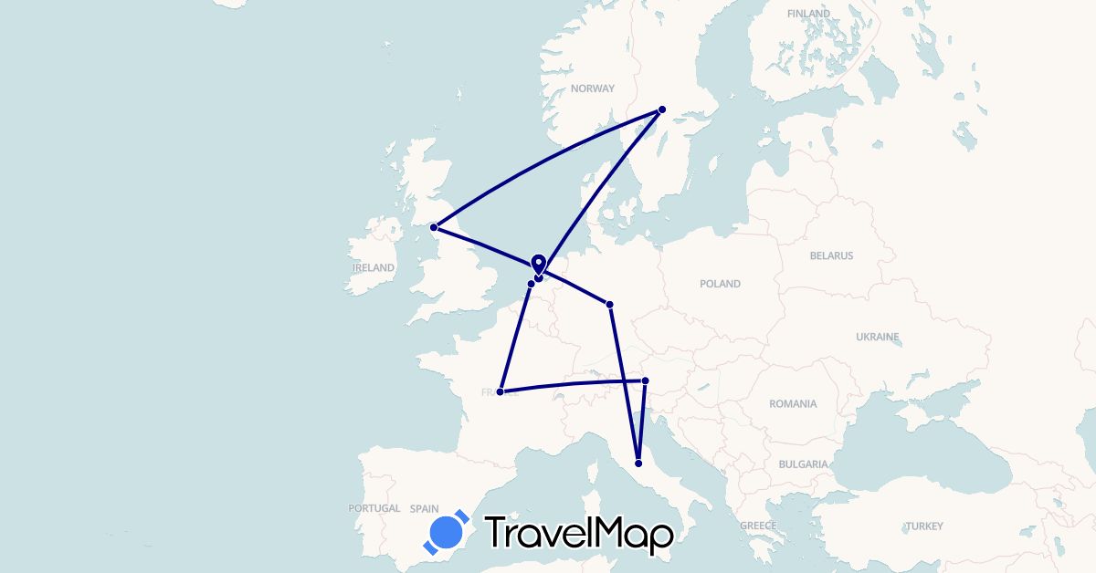 TravelMap itinerary: driving in Austria, Germany, France, United Kingdom, Italy, Netherlands, Sweden (Europe)
